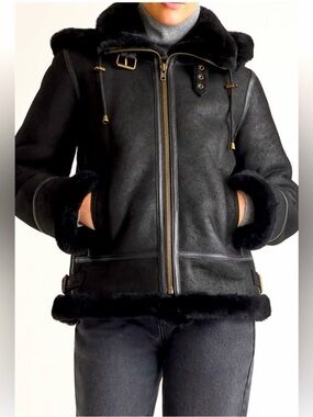 NEW Quince medium black 100% shearling bomber jacket winter coat leather fuzzy
